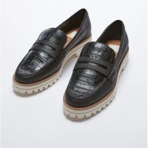 Anthropologie Black Croc-Embossed Leather Lug Sole Loafers